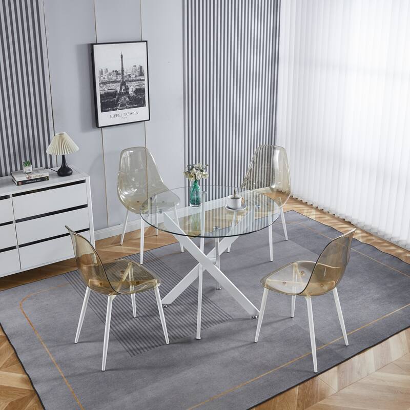 Modern Round Glass Dining Table for 2 to 4 Person, Circle Kitchen Table with Tempered Glass Top and Cross Metal Legs