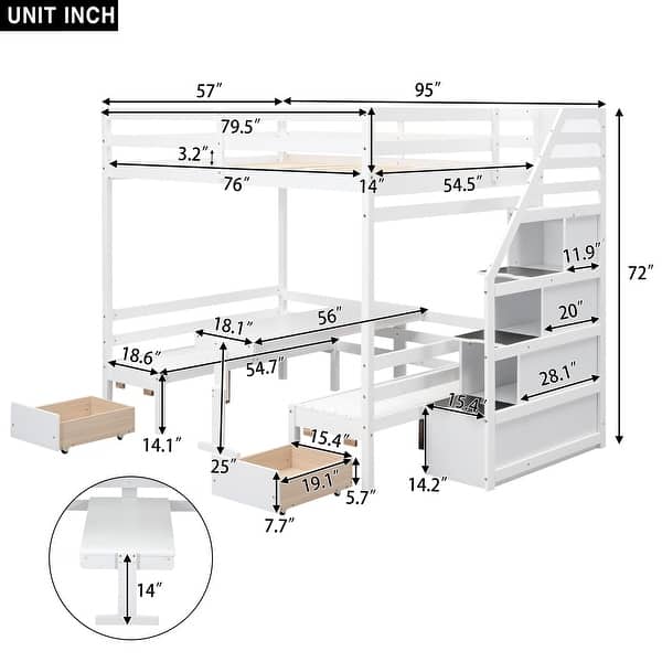 White Full Size Pine Wood Convertible Bunk Bed with Storage Staircase and Drawer, Down Bed Converts to Seats and Table Set