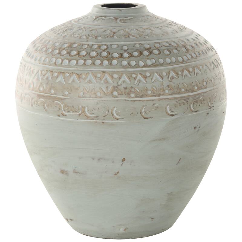 Ceramic Handmade Antique Style Wide Rounded Decorative Vase with Geometric Tribal Carvings - Green - Roche River Decor
