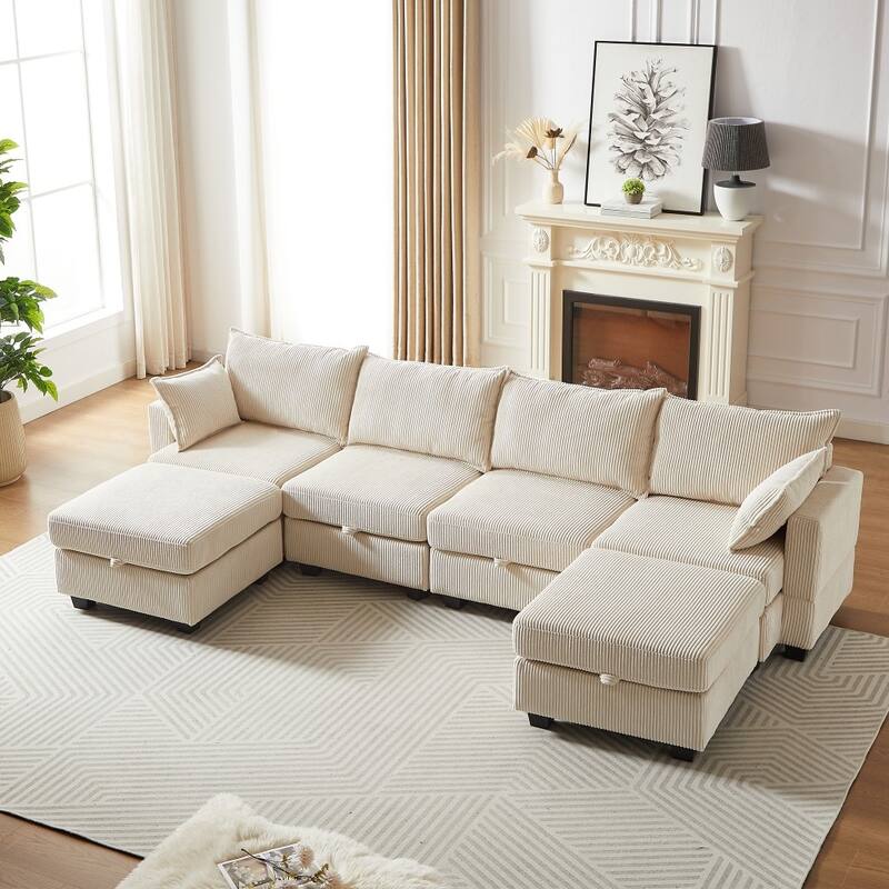 113.5'' Modern U-shaped Corduroy Modular Convertible Sectional Sofa with Storage Ottoman - Beige