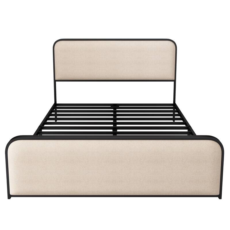 Queen Size Modern Metal Bed Frame with Upholstered Headboard, Under Bed Storage, Beige