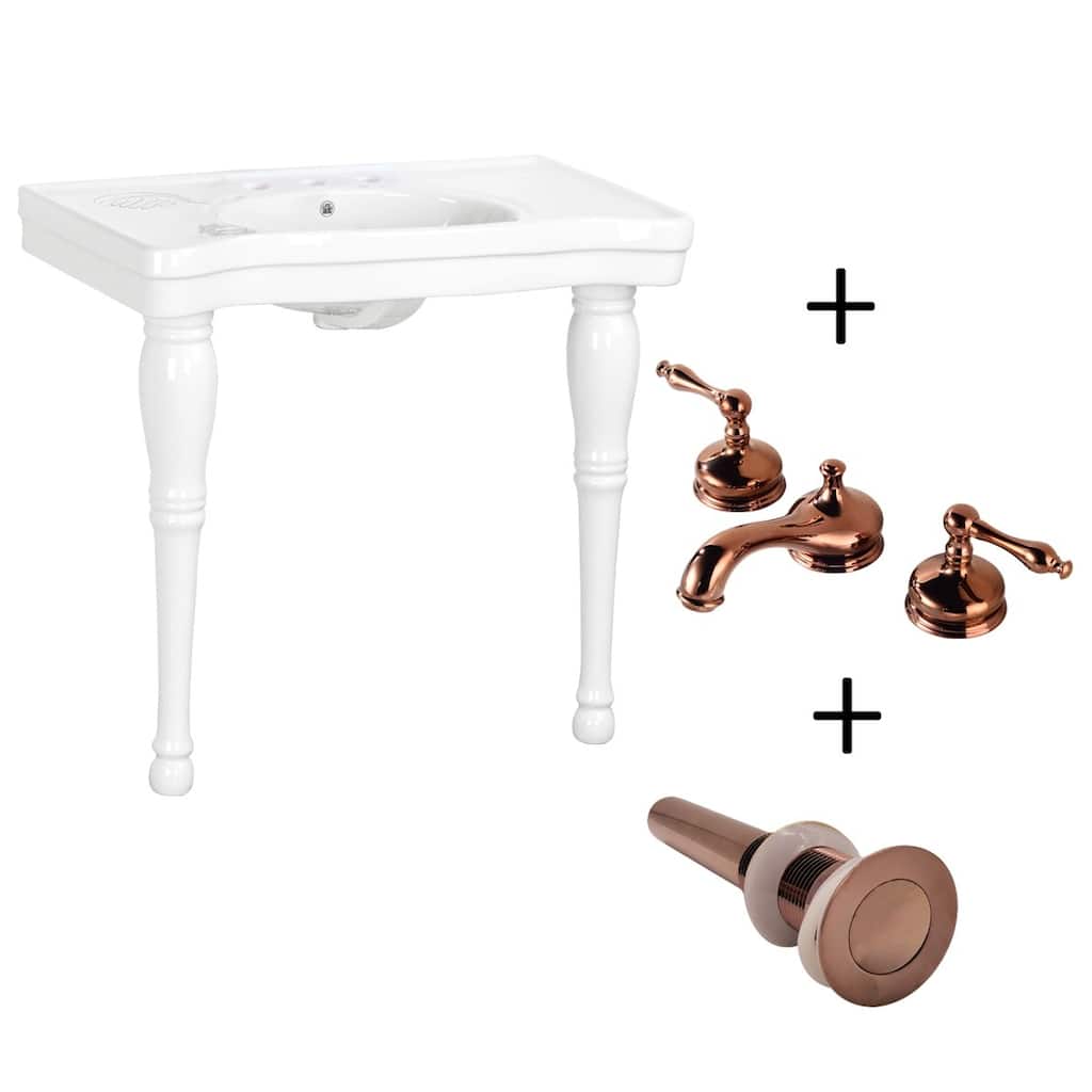 Deluxe Belle Epoque White Console Sinks with White Solid Wood Spindle Leg and 8" Widespread Faucet