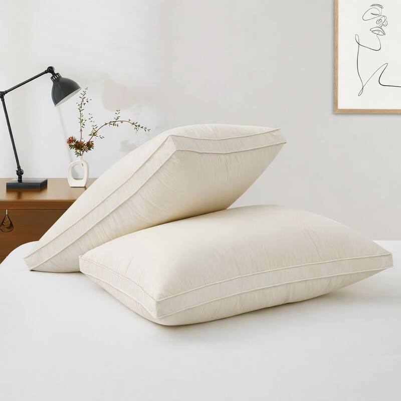 Set of 2 Organic Cotton 90% Down Feather Bed Pillows Made in Germany - Standard - Medium-Firm