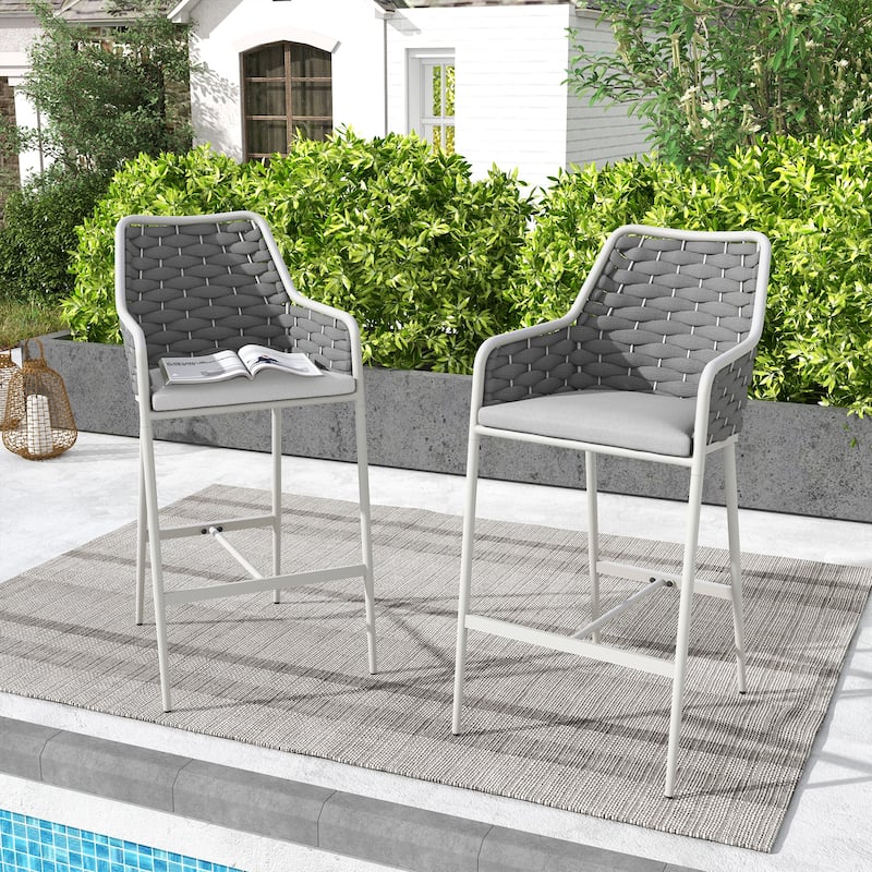 Outdoor Metal High Arm Barstool Chair with Cushions (set of 2)