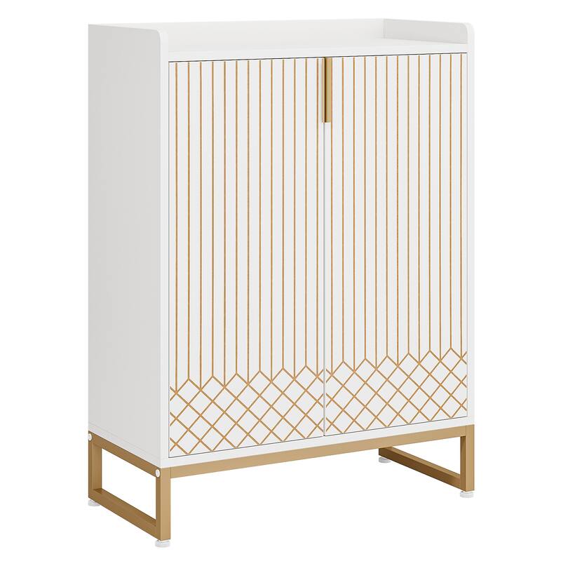 29" White & Gold Shoe Cabinet with Doors, 5 Tiers