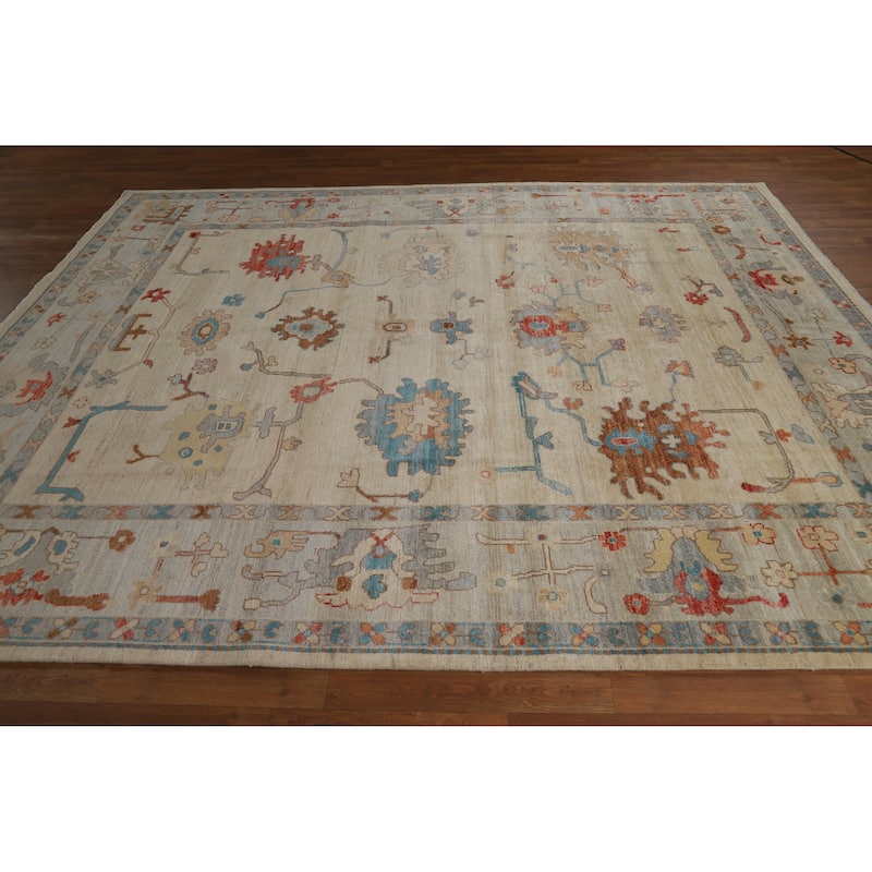 Hand Knotted Oriental 100% Wool Carpet Transitional All-Over Beige & Ivories Oushak Area Rug - 9' 11'' X 8' 2''