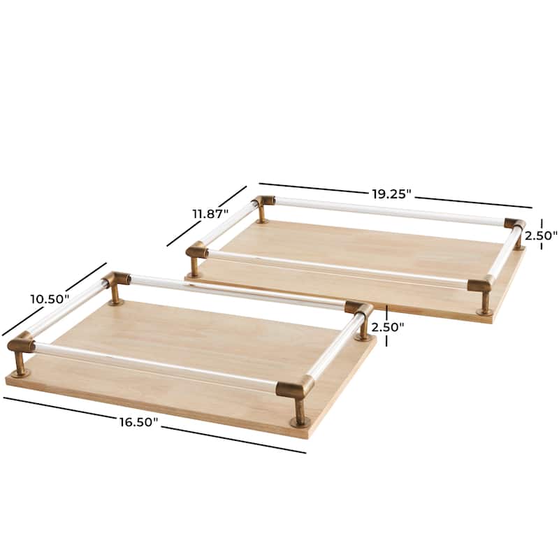 Mango Wood Tray with Copper Metal Edges and Acrylic Sides - Set of 2 Light Brown - Roche River Decor - 12"W x 19"L x 3"H