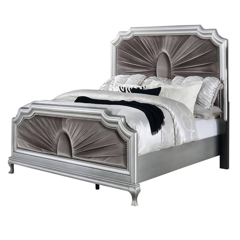 Xan Queen Bed, Silver Wood, Gray Pleated Velvet Upholstery