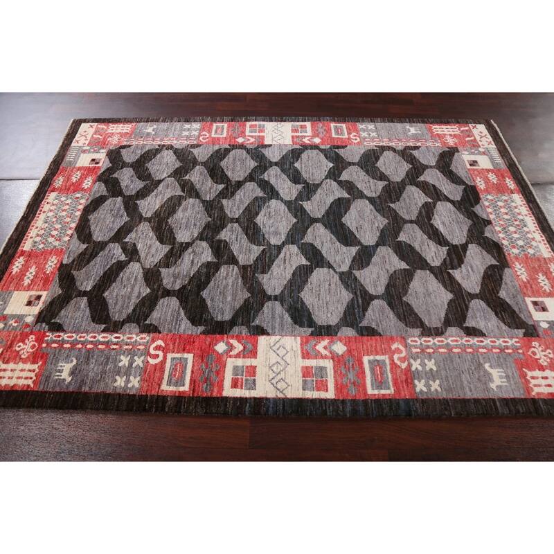 Geometric Trellis Gabbeh Kashkoli Oriental Wool Area Rug Hand-knotted - 5'4" x 7'9"