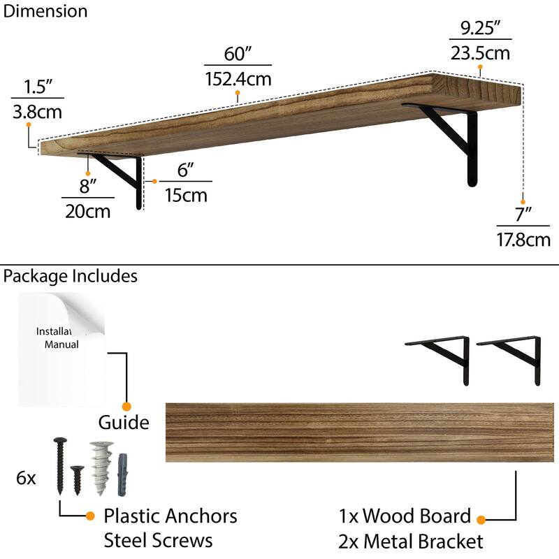Wallniture Forme 48"-84" Long Floating Shelves Living Room & Office Decor, Solid Wood Shelves, Wall Mounted, 1.5" Thick, Burnt
