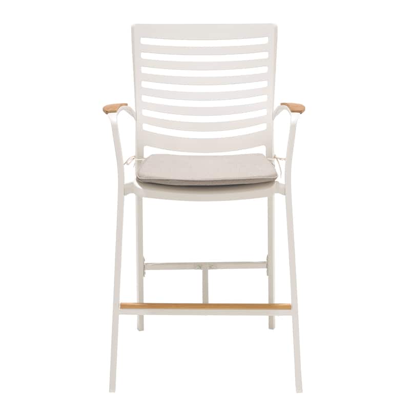 Portals Outdoor Patio Aluminum Barstool in Light Matte Sand with Natural Teak Wood Accent - Counter Stool