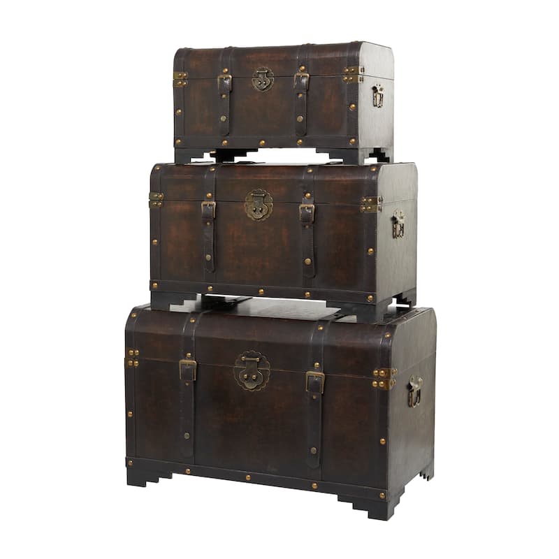 Wooden Nesting Upholstered Trunk with Vintage Accents and Studs - Set of 3 Brown - Roche River Decor - 16"Wx28"Lx19"H
