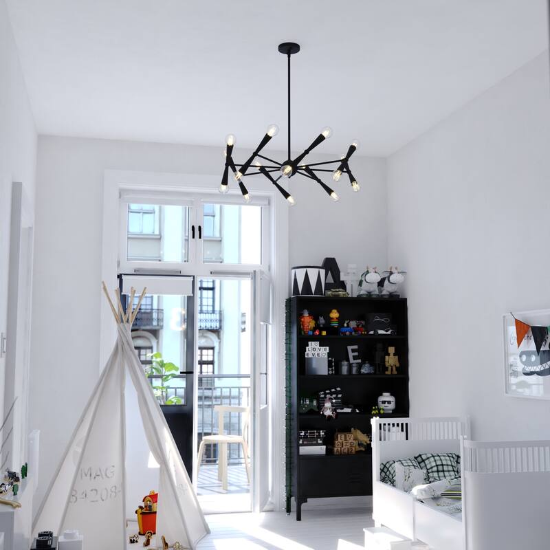Drake 16-Light 29 in. Wide Matte Black Mid-Century Modern Chandelier, Adjustable Height Hanging Ceiling Pendant Fixture