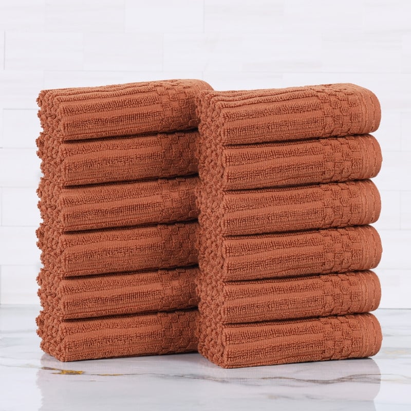 Superior Soho Ribbed Cotton Face Towel/Washcloth Set of 12 - Rust