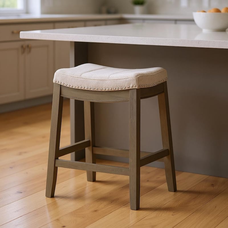 HomeRoots 26" Gray and Cool Gray Fabric and Solid Wood Backless Counter Height Bar Chair - Counter Height - Gray - Single