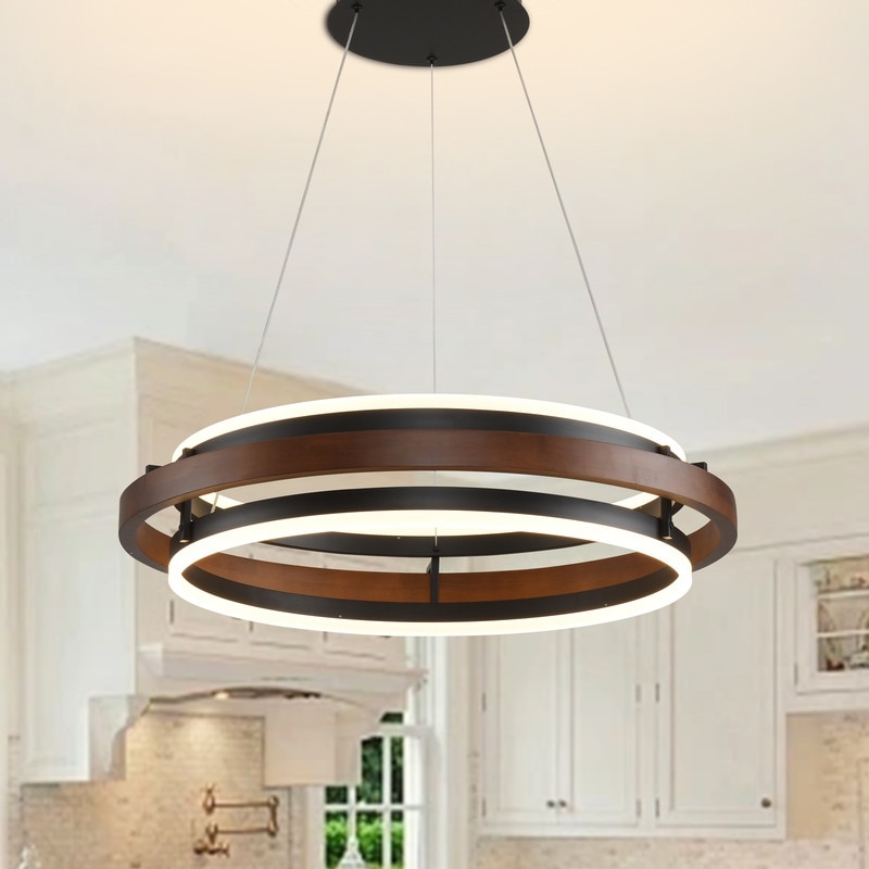 Modern Wood LED Chandelier 24in Dimmable Ring Pendant Light Farmhouse Round Black Light Fixtrure with Remote Control