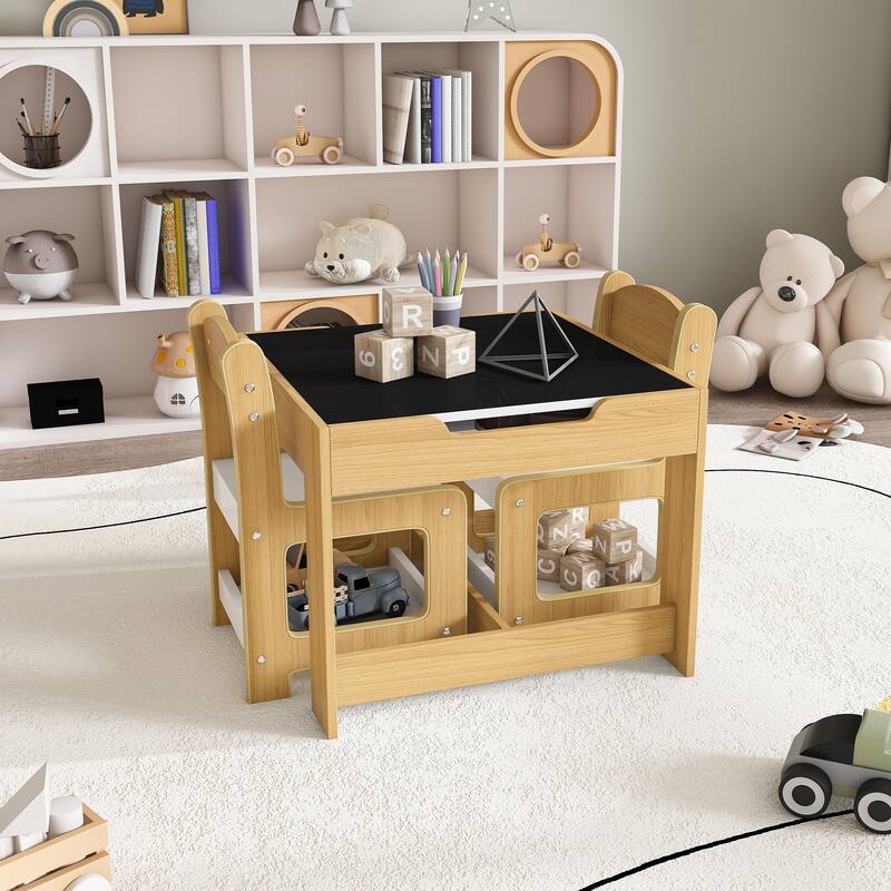 3-in-1 Kids Activity Table Set with Chairs Dual-Sided Whiteboard and Chalkboard for Play - Table-23.62”L x 23.62”W x 18.9”H