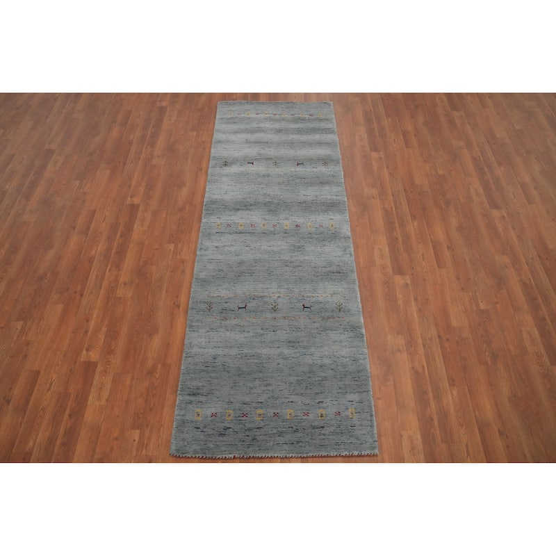 Hand Knotted Oriental 100% Wool Carpet Tribal Animal Pictorial Greys & Charcoal Gabbeh Runner Rug - 8' 0'' X 2' 9''