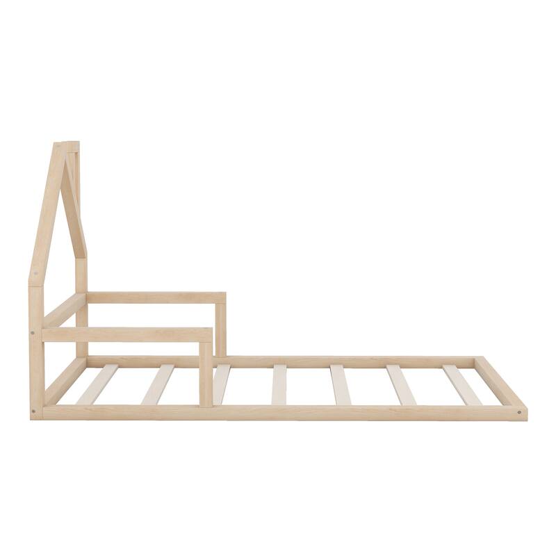 Twin Size Floor Bed with House-shaped Headboard in Natural Finish
