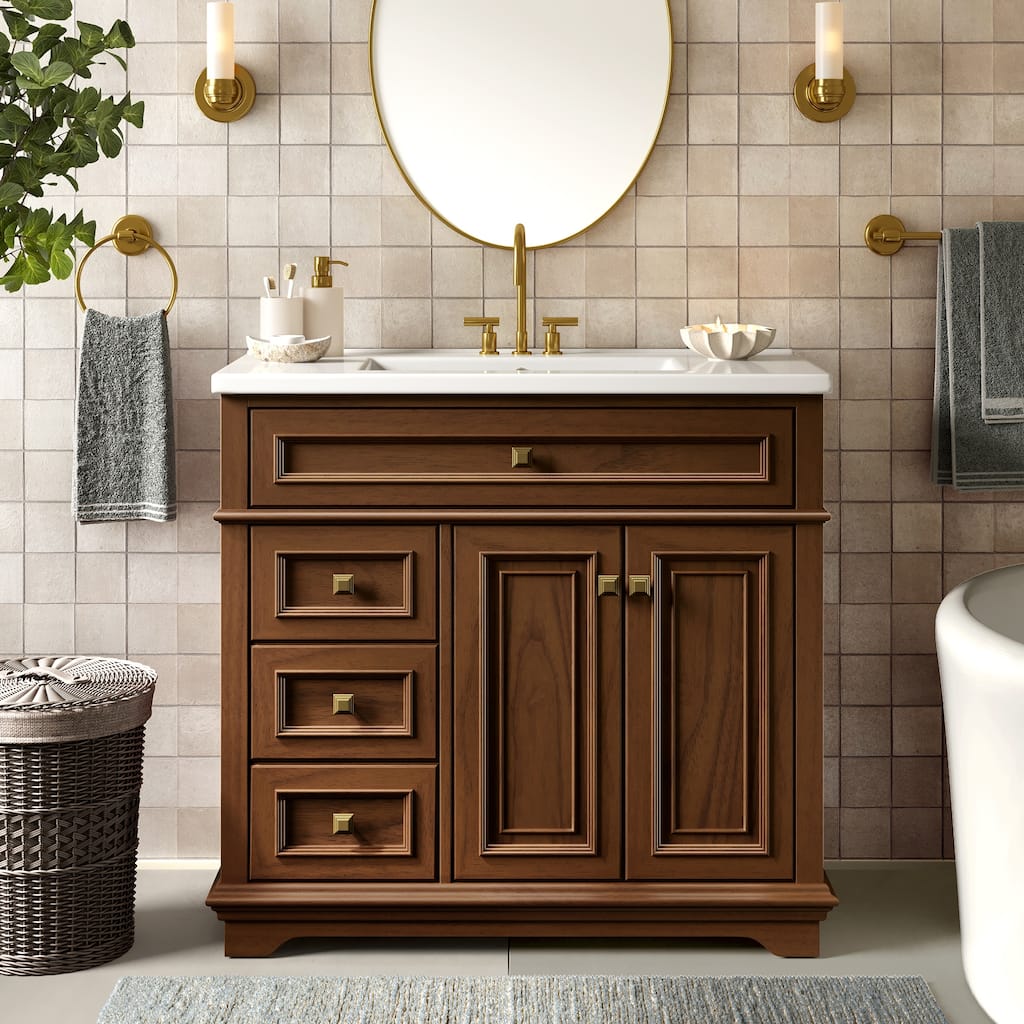 30''/36'' Bathroom Vanity with Single Sink, Solid Wood Bathroom Cabinet with Integrated Ceramic Basin
