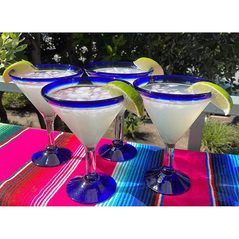 Dos Sueños Mexican Hand Blown Glass - Set of 4 Hand Blown Modern Margarita Glasses - Blue Rim (12 oz)