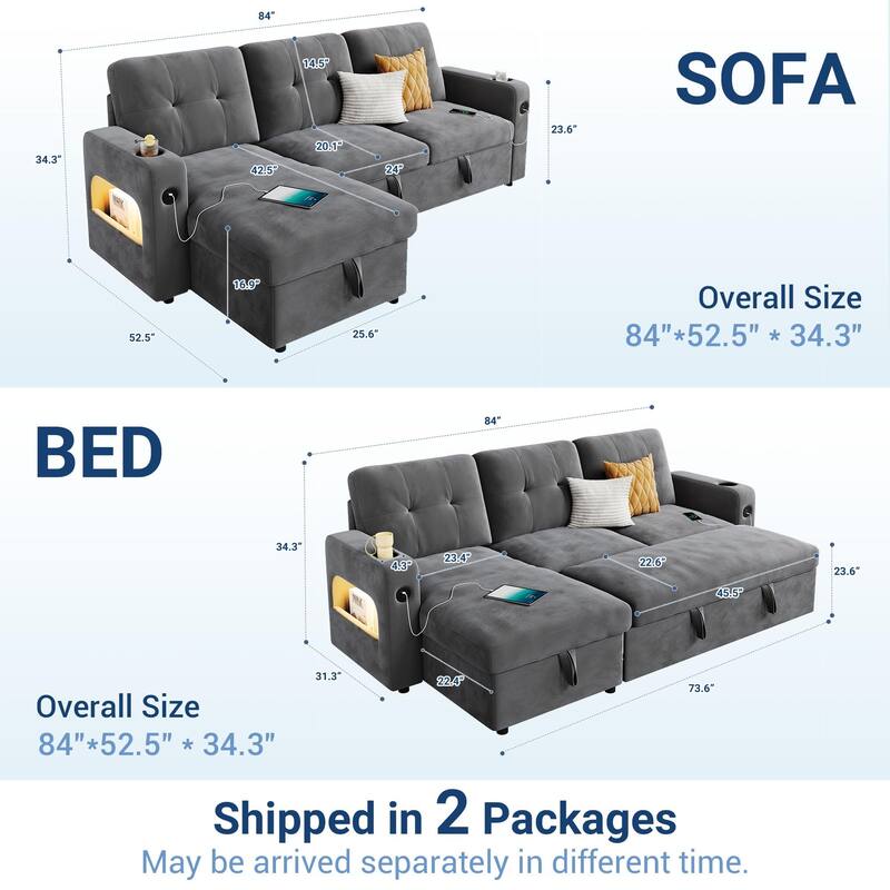 84 Inch Sleeper Sofa Couch, L-Shaped Sofa, Convertible Pull Out Sofa Bed with Storage, Charging Station, Led Lights