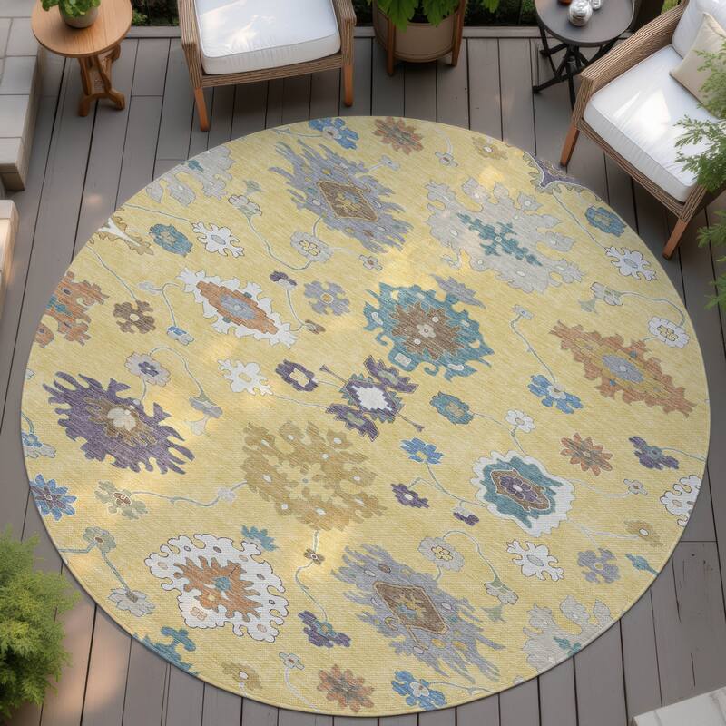 Machine Washable Indoor/ Outdoor Traditonal Delhi Chantille Rug - Yellow - 8' x 8'