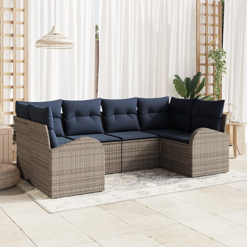 vidaXL 6 Garden Sofa Set with Cushions Black/Brown/Grey Poly Rattan - 92.1 x 48.8 x 27.2 - Grey