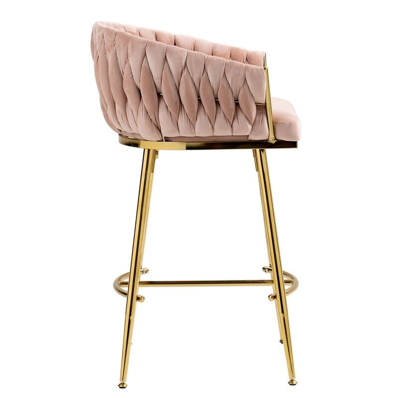 (Set of 1) 26" Velvet Counter Height Bar Stool with Wave Back, Golden Chrome Base and Footrest