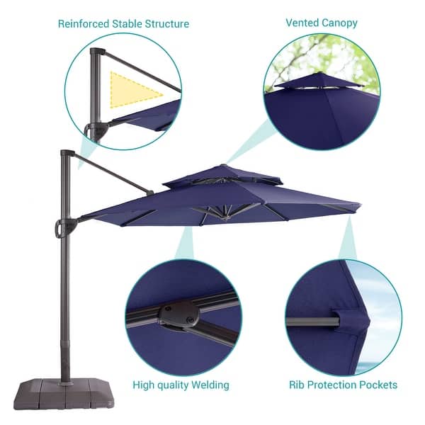 BONOSUKI 11Ft Double Top Aluminum Cantilever Patio Umbrella with Base for Patio Deck Garden, Red - Blue BONOSUKI 11Ft Double Top Aluminum Cantilever Patio Umbrella with Base for Patio Deck Garden, Red - Blue