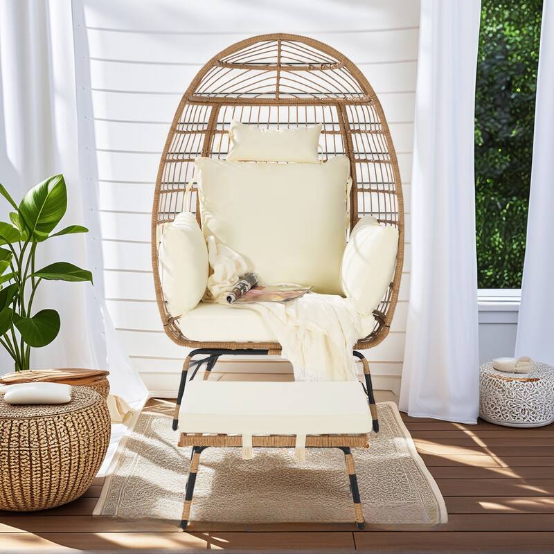 Luxury All-Weather Egg Chair with Ottoman, Oversized Rattan Hanging Chair for Patio, Balcony & Backyard - Beige