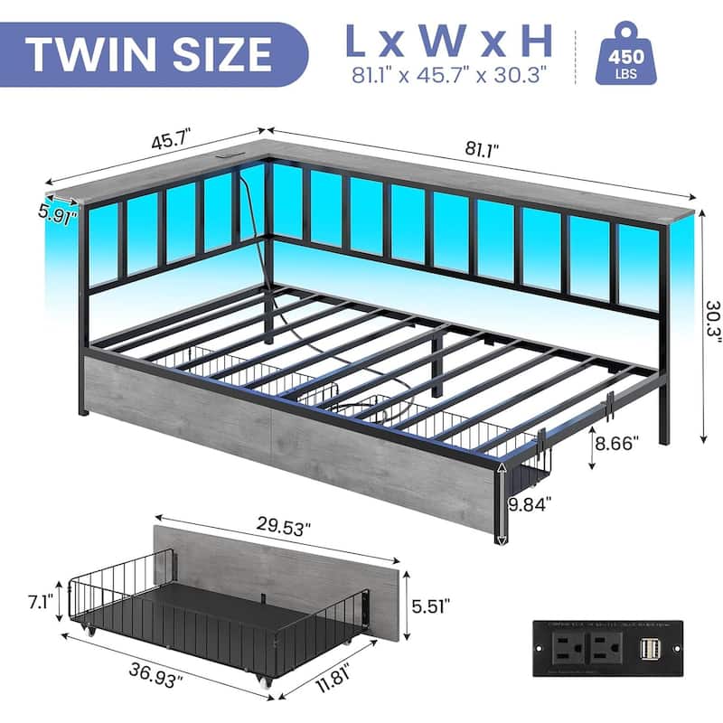 Corner Bed Frame 2 Storage Drawers Daybed Charging Station LED Lights