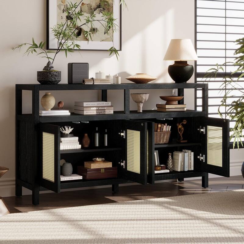 60" Bohemian Rattan Buffet Storage Cabinet with Adjustable Shelves for Functional Home Organization