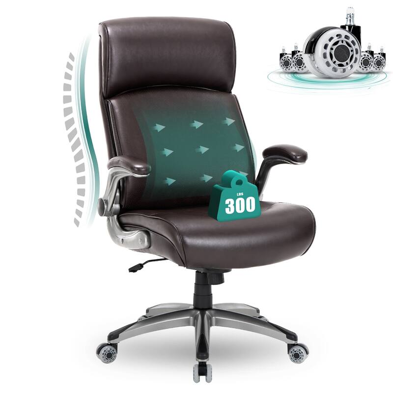 Big & Tall Office Chair 300lbs - Ergonomic High Back with Lumbar Support, Flip-Up Arms & Leather Cushion