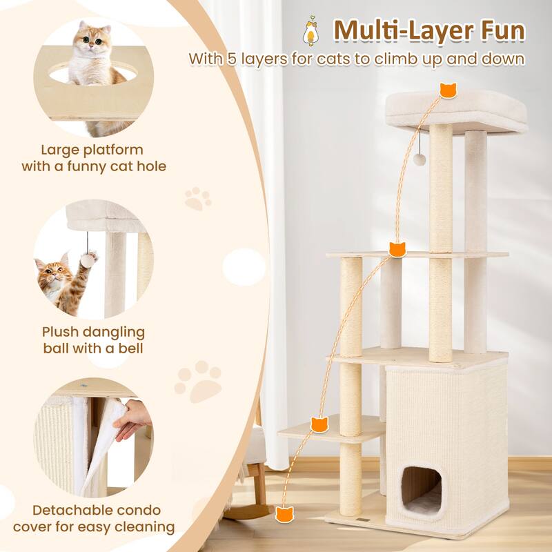 Gymax 63'' Tall Wooden Cat Tree w/2-Story Condo Plush Padded Top Perch