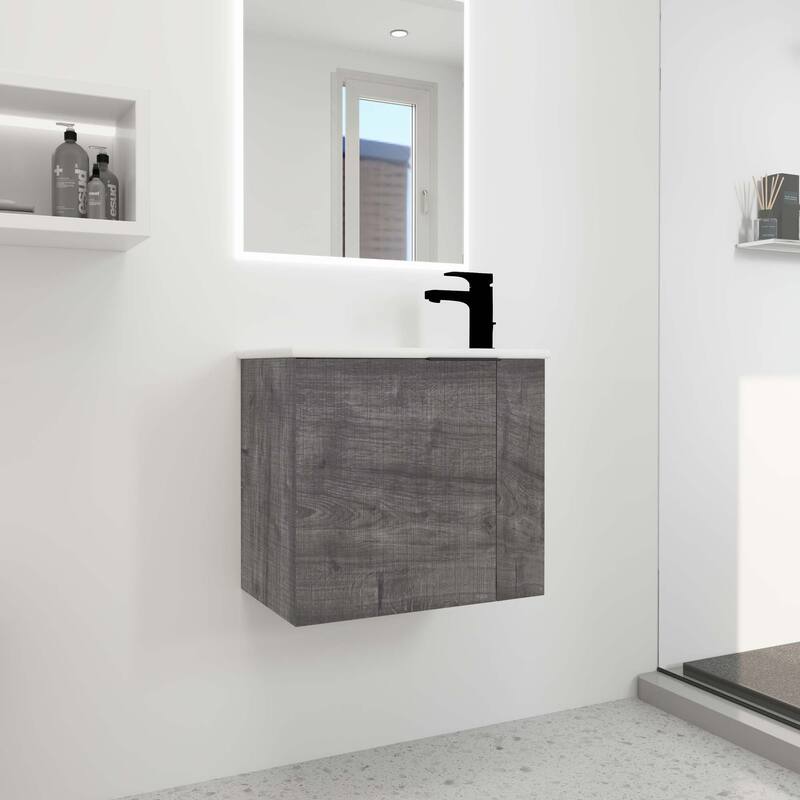 22 inch Plywood Wall-Mounted Bathroom Vanity in Grey Oak with Integrated Ceramic Sink in White with Soft Closing Door