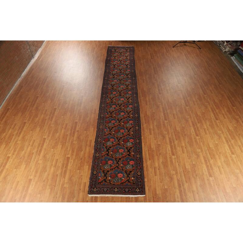 Hand Knotted Oriental 100% Wool Carpet Traditional All-Over Navy Blue & Blues Senneh Runner Rug - 19' 3'' X 3' 5''