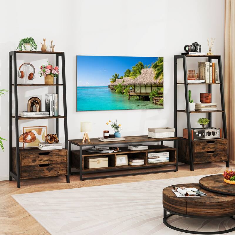 Gymax 2PCS Bookshelf w/ 2 Storage Drawers Sturdy Metal Frame