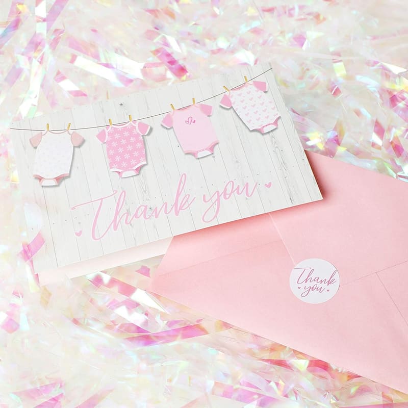 Paper Junkie 60-Pack Girl Baby Shower Thank You Cards with Envelopes and Stickers, 6x4 in