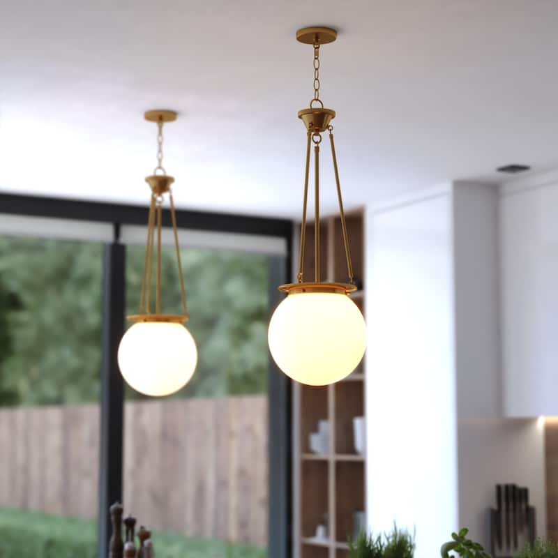 VAXCEL Kent 1-Light 11.75 in. Wide Globe Mini Pendant with White Frosted Opal Glass Shade, Hanging Ceiling Fixture