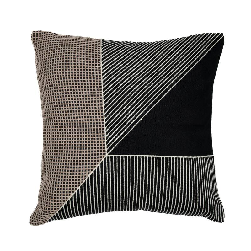 Handwoven Striped Embroidered Cotton Throw Pillow - 24" - Black and White