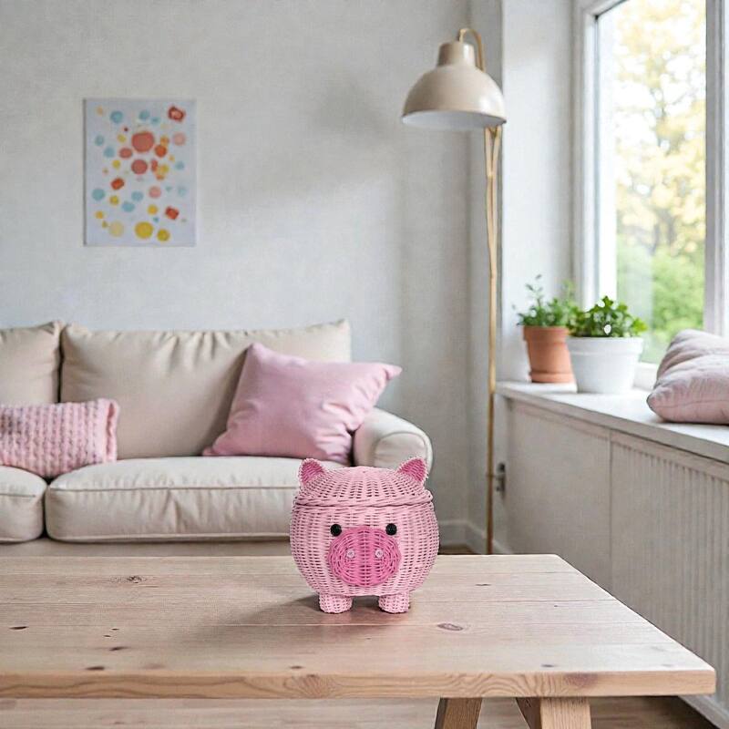 Large Pig Rattan Storage Basket With Lid Hand Woven Shelf Organizer Handmade Gift Cute Piggy Wicker