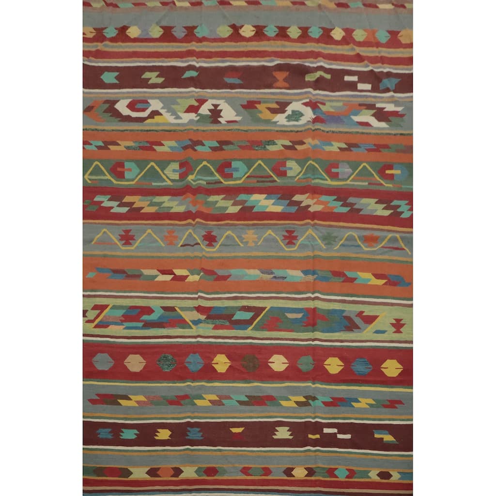 Hand Woven Oriental 100% Wool Carpet Southwestern Tribal Multi-Colored Kilim Area Rug - 13' 2'' X 9' 7''