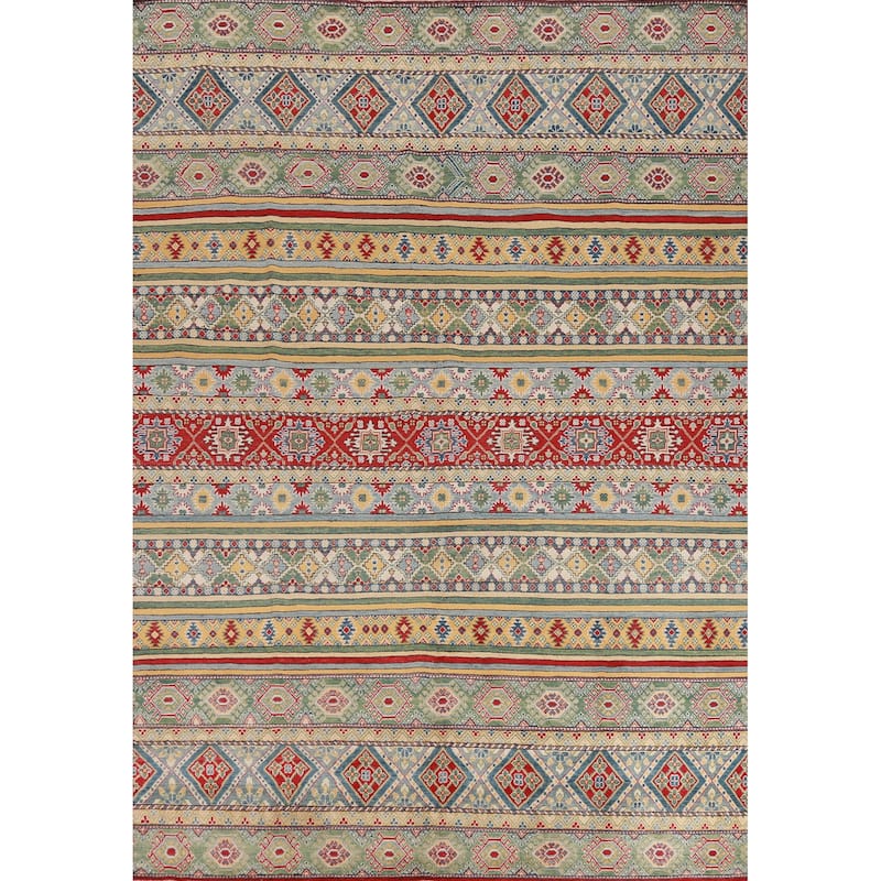 Hand Knotted Oriental 100% Wool Carpet Traditional Geometric Multi-Colored Kazak Area Rug - 11' 3'' X 9' 1''