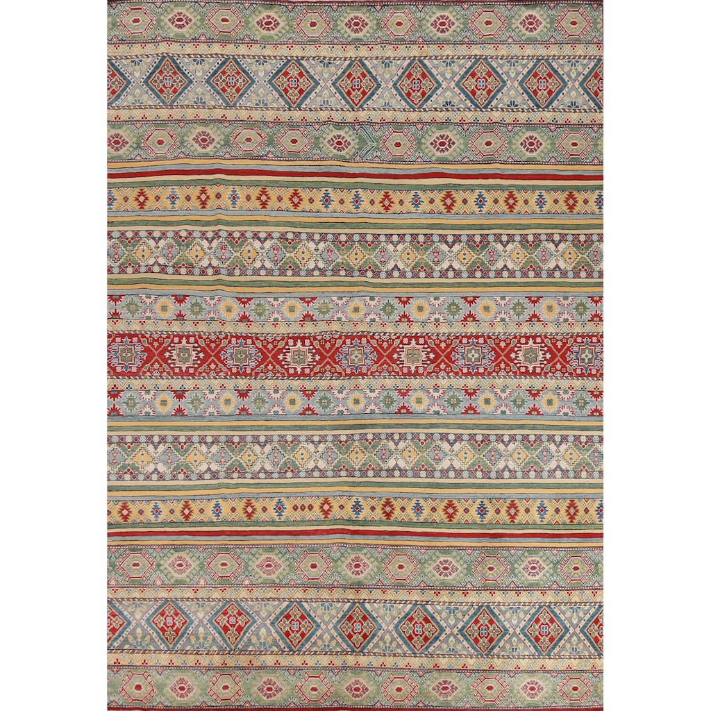Hand Knotted Oriental 100% Wool Carpet Traditional Geometric Multi-Colored Kazak Area Rug - 11' 3'' X 9' 1''