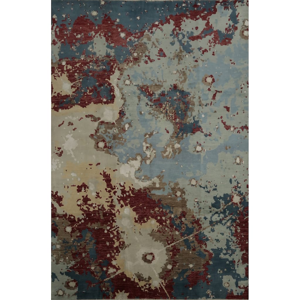 Hand Knotted Oriental Silk Carpet Modern Abstract Navy Blue & Blues Contemporary Area Rug - 10' 2'' X 8' 1''