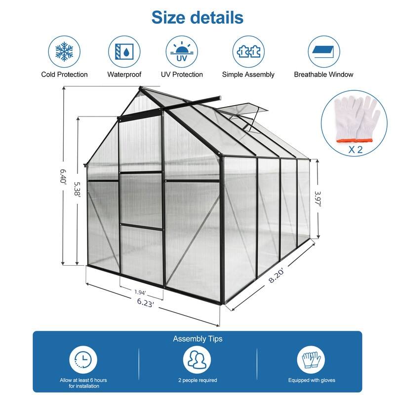 6x8 FT Polycarbonate Greenhouse with Raised Base and Anchor