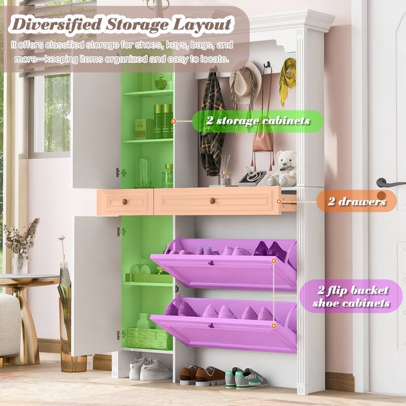 54.7"Hall Tree with Integrated Shoe Cabinet and Mirrored Cabinet Door, 4-in-1 Design, 2 Flip Drawers, 4 Hooks and 2 Cabinets