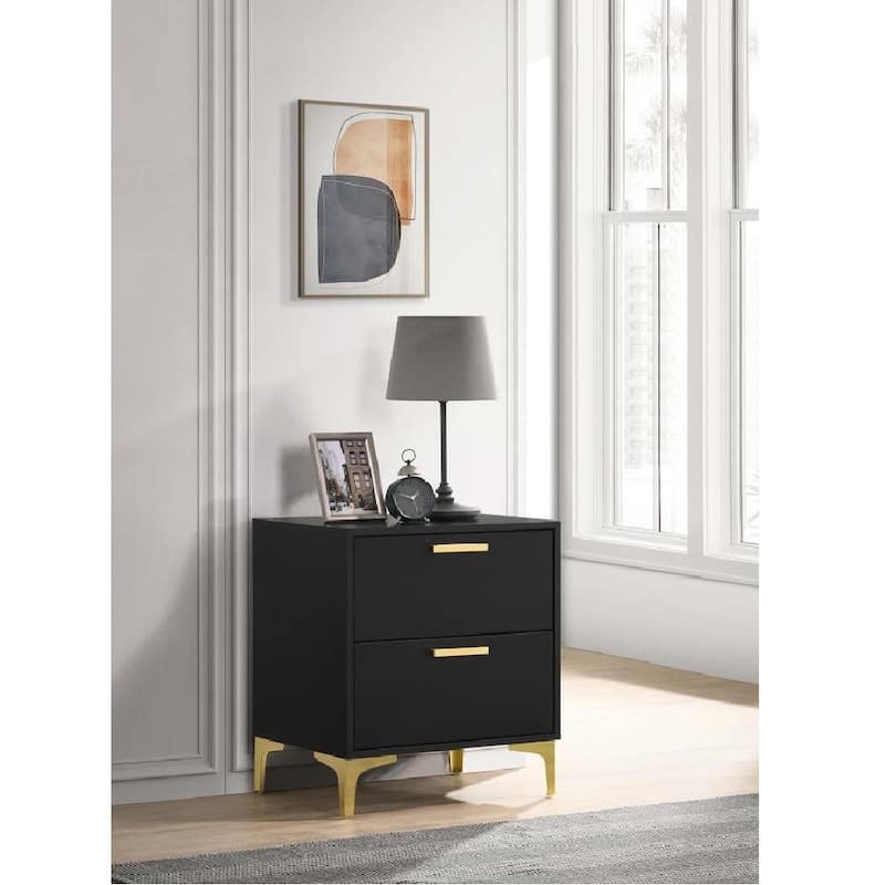 2 Drawers Wood Nightstand with Metal Legs in Black and Gold