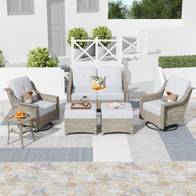 HOOOWOOO 6-piece Wicker Furniture Patio Loveseat Sofa Conversation Set with Swivel Chair - Grey